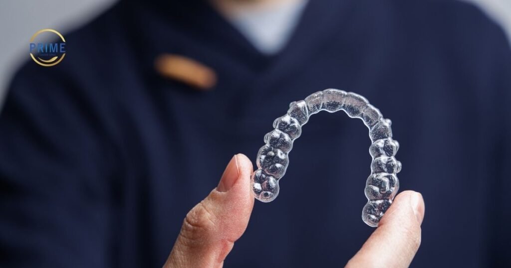 Pessoa segurando um alinhador transparente Invisalign da clínica Prime Saúde Oral.