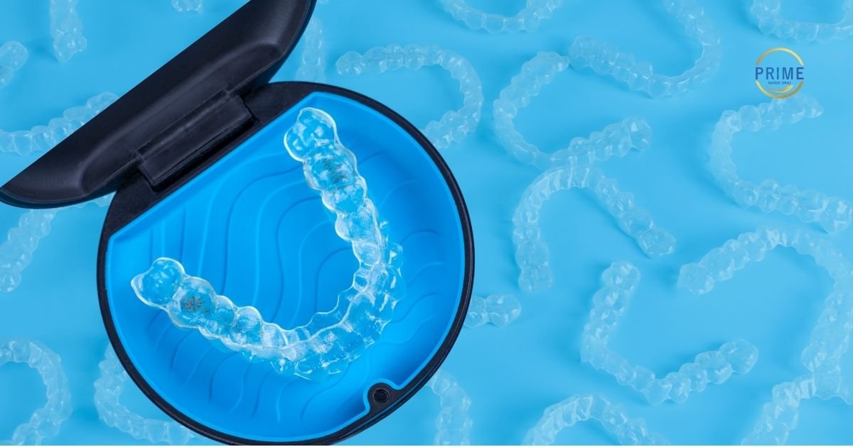 Alinhadores transparentes Invisalign em estojo, exemplificando o tratamento ortodôntico moderno.