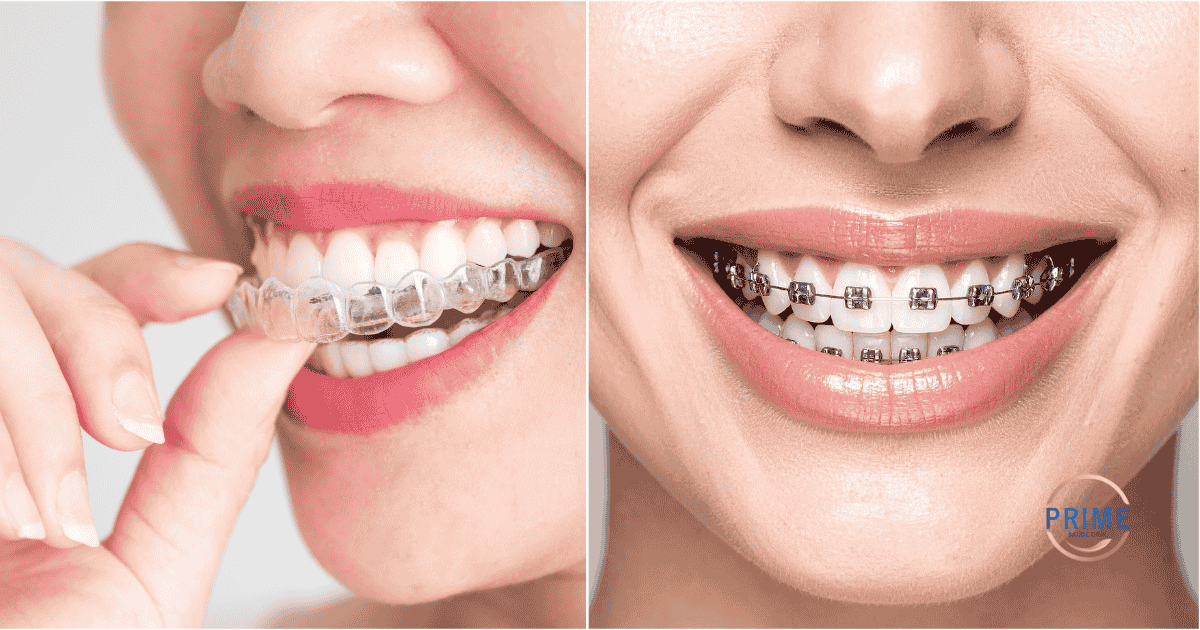 Imagem comparativa lado a lado: à esquerda uma pessoa colocando alinhador transparente Invisalign e à direita uma pessoa sorrindo com aparelho fixo metálico.