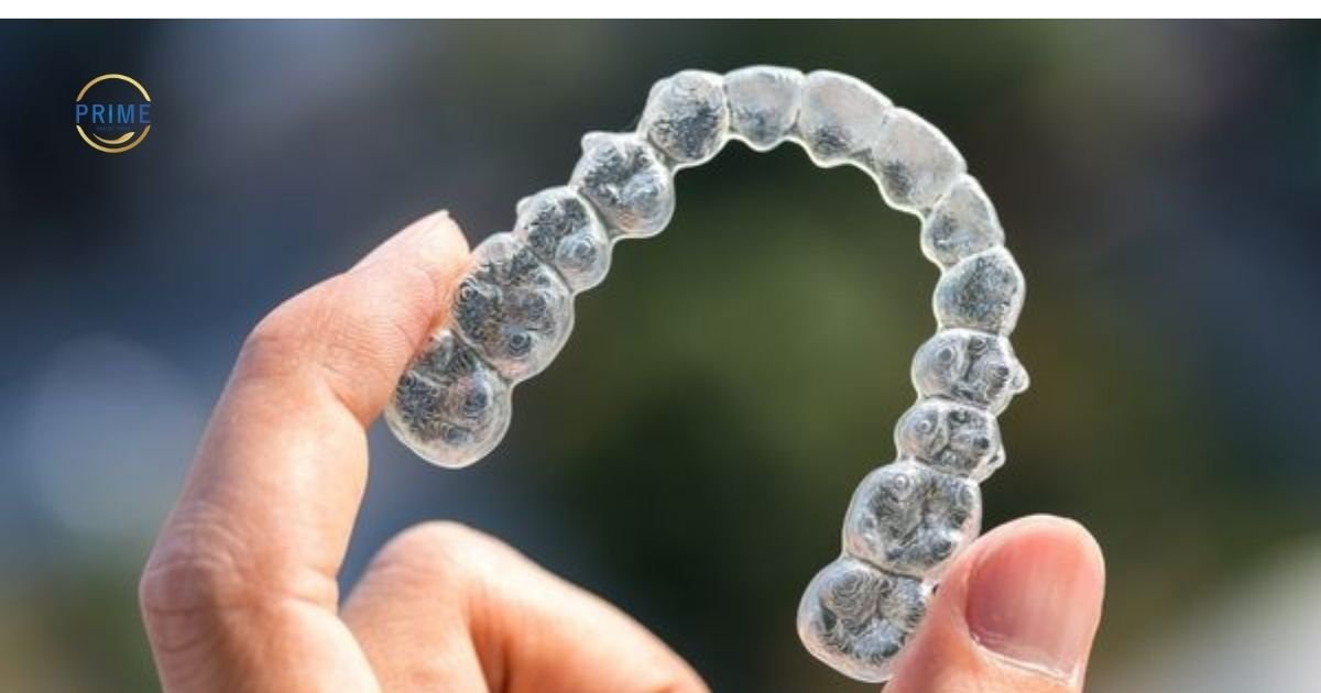 Alinhador transparente Invisalign em destaque, mostrando o material SmartTrack que permite movimentação dentária gradual e suave.