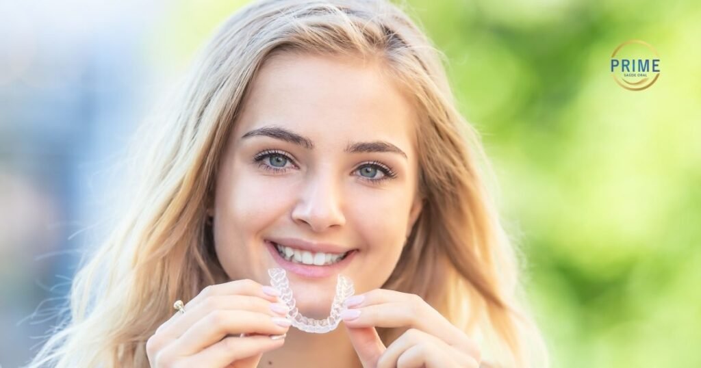 Mulher loira sorrindo segurando um alinhador transparente Invisalign em frente ao rosto evidenciando a discrição do tratamento na Prime Saúde Oral.