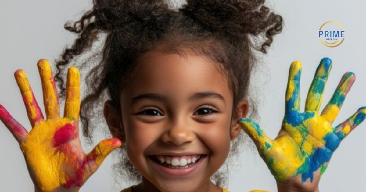 Menina negra com cabelos cacheados sorrindo abertamente e mostrando as palmas das mãos pintadas com tinta colorida (amarelo, rosa, azul, verde).