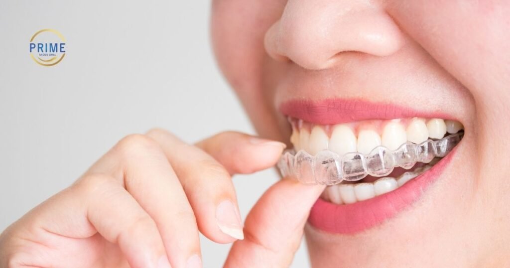 Paciente colocando alinhador Invisalign para demonstrar a praticidade e o tempo de tratamento planejado digitalmente.