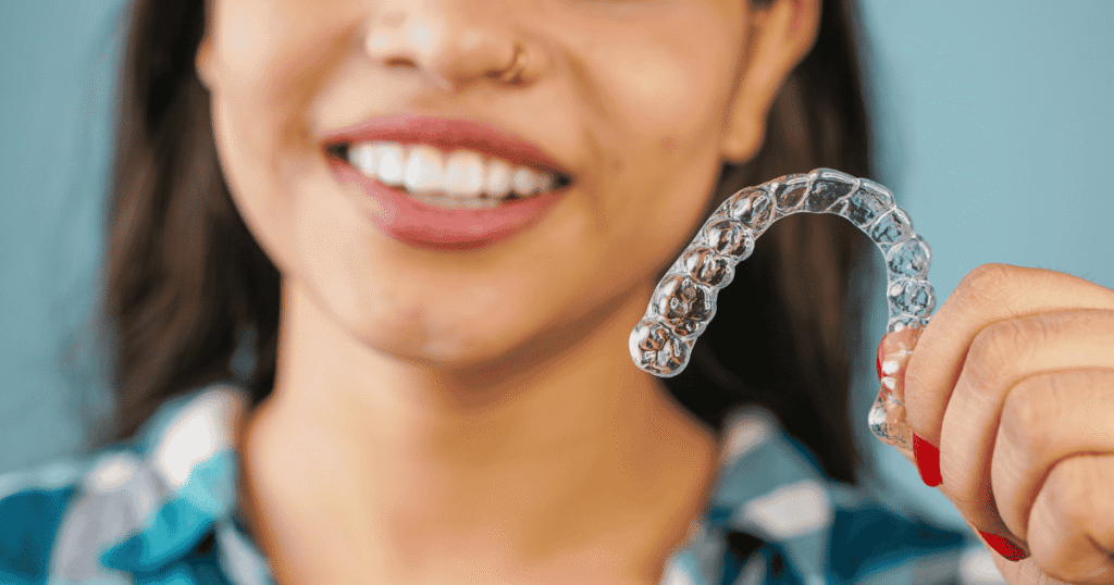 Jovem sorrindo segurando um alinhador transparente Invisalign próximo ao rosto, demonstrando que o aparelho é imperceptível.
