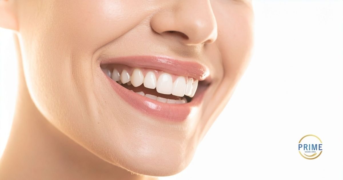 Paciente sorrindo na recepção da Prime Saúde Oral em Alphaville, segurando o logotipo dourado da clínica, transmitindo bem-estar após o tratamento.