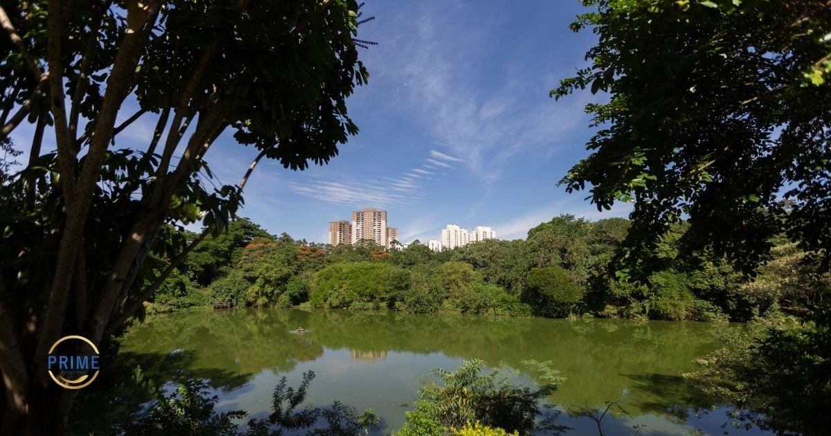 Lago verde de Barueri emoldurado por árvores frondosas com prédios residenciais ao fundo e céu azul, com logo da Prime Saúde Oral