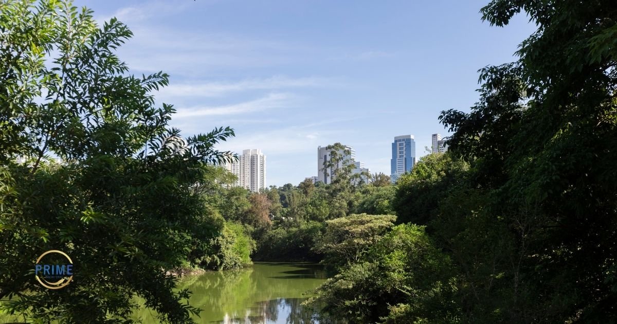 Vista panorâmica da região de Alphaville com prédios residenciais e comerciais ao fundo, céu azul e vegetação exuberante em primeiro plano, com logo da Prime Saúde Oral