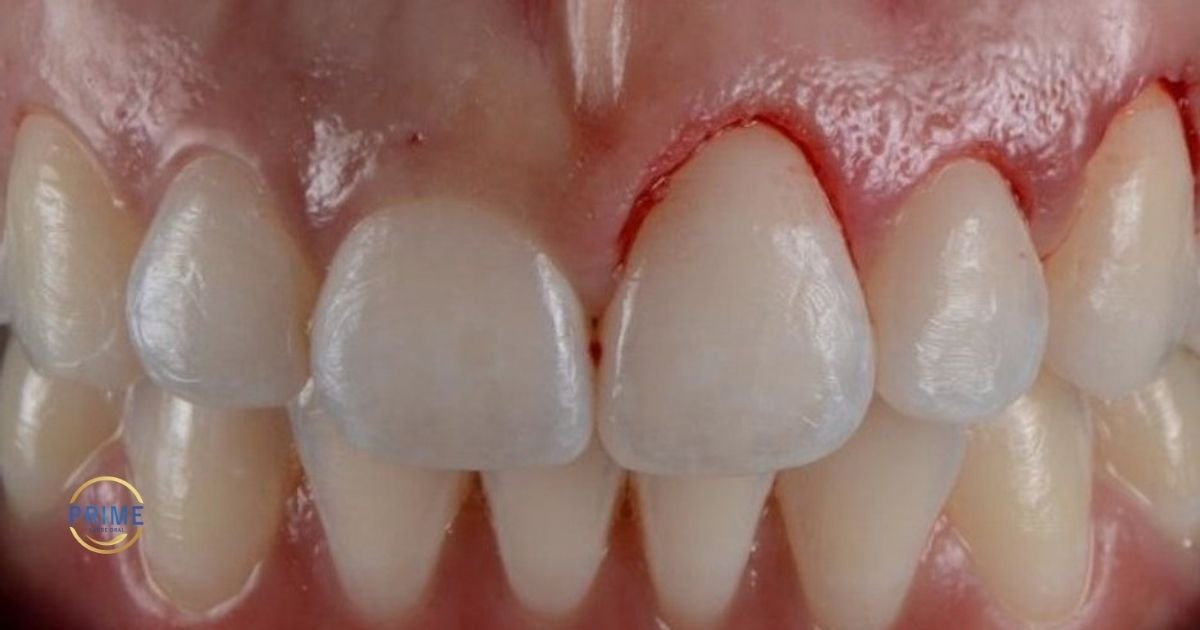 Close-up de dentes anteriores com gengiva em fase de cicatrização pós-procedimento periodontal, mostrando contorno gengival recém-remodelado, com logo da Prime Saúde Oral